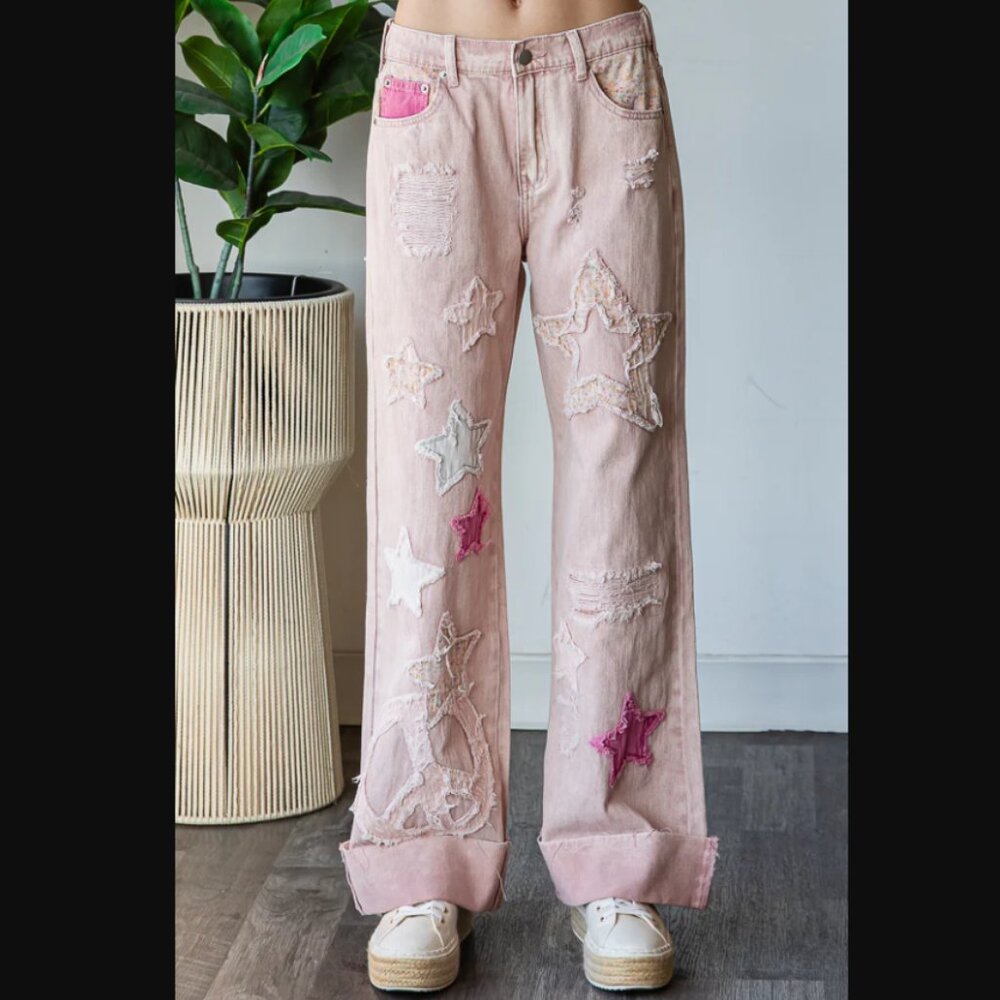 Oli & Hali Light Pink Wide Leg Jeans with Star Patches - Picture 4 of 6